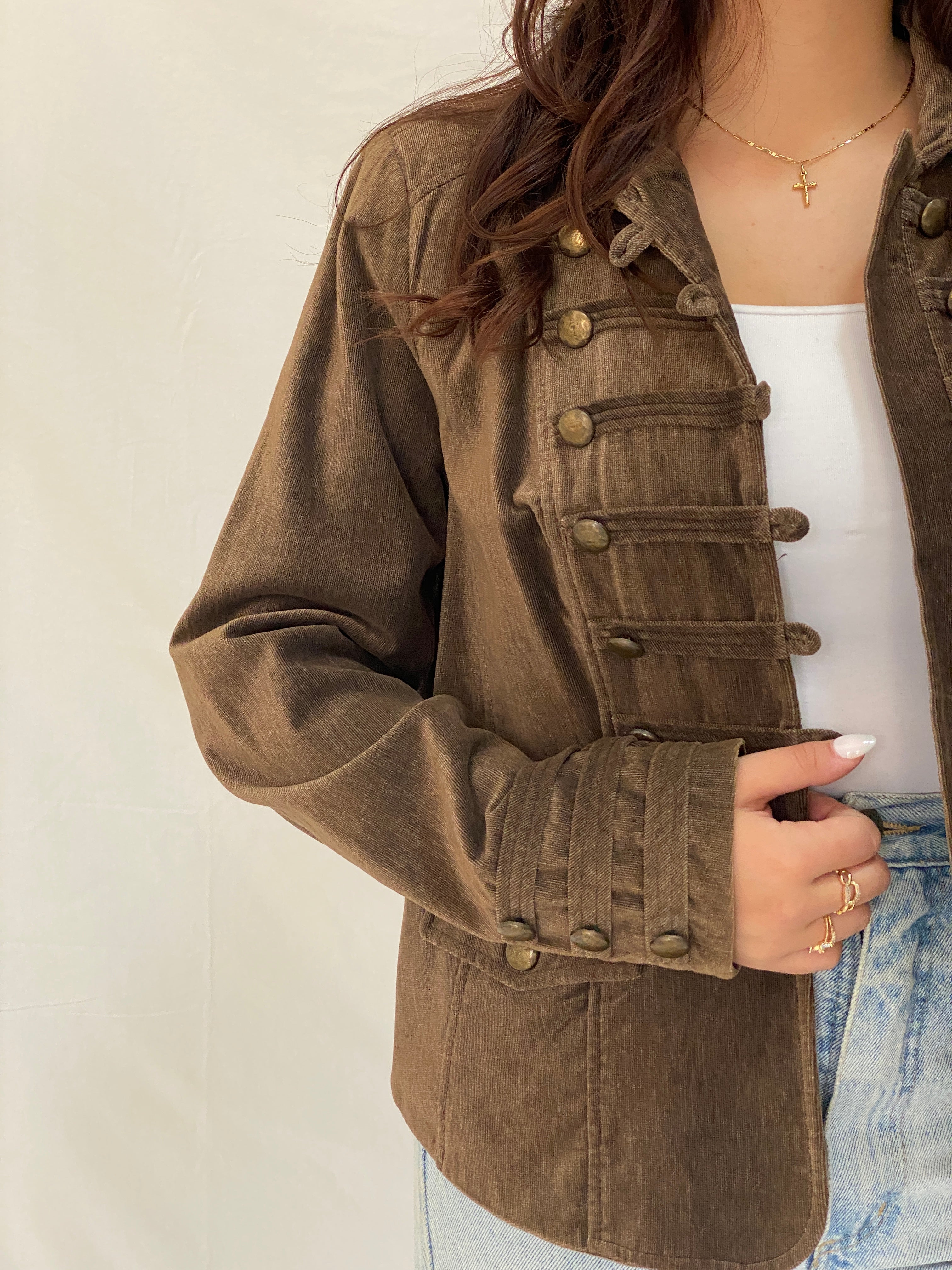 Vintage Véchy Brown Corduroy Military Blazer for Women Structured Button-Up Jacket - XL