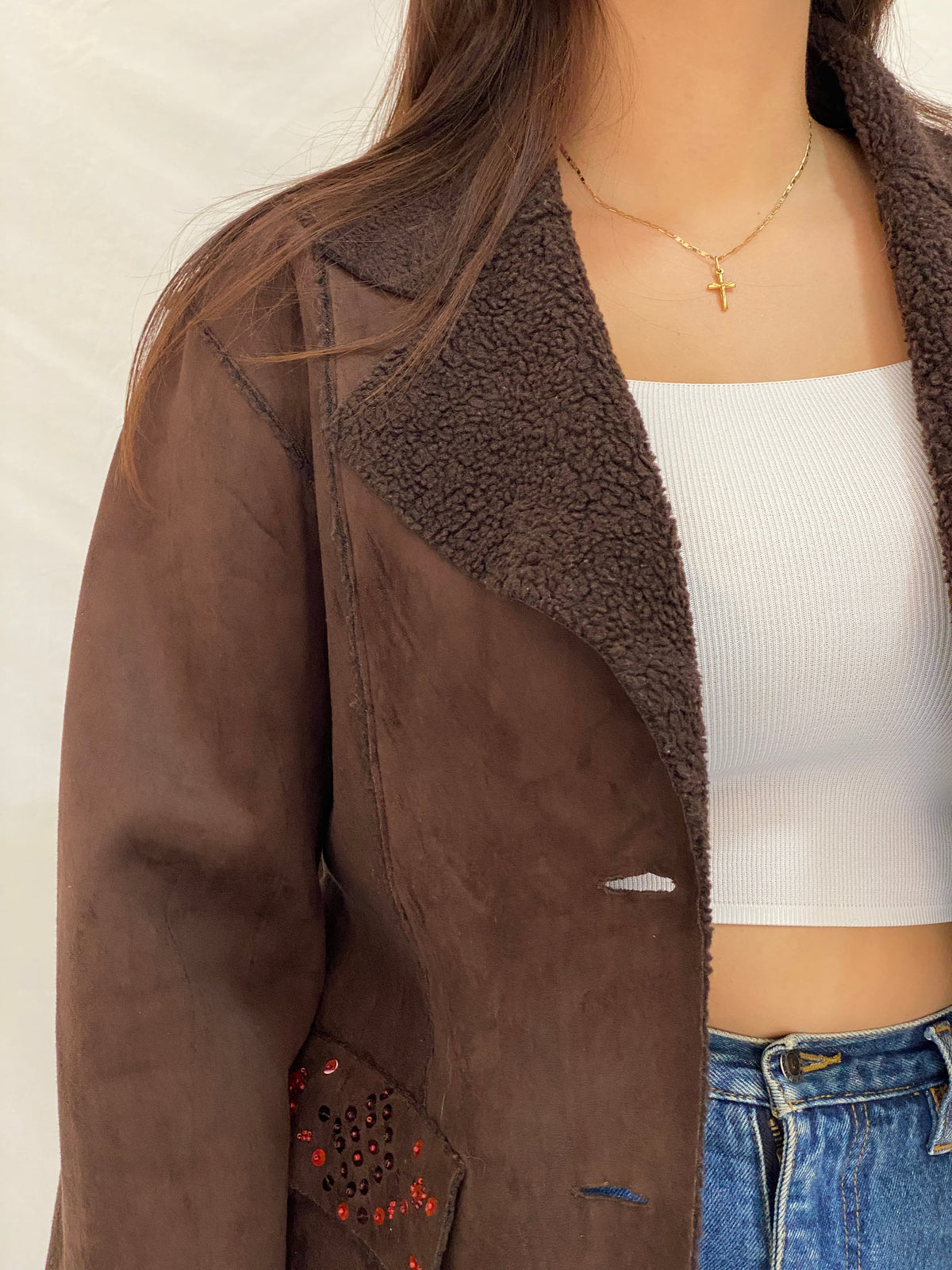 Y2K Together Brown Faux Suede Teddy Trim Jacket - L Y2K Together Brown Faux Suede Teddy Trim Jacket - L