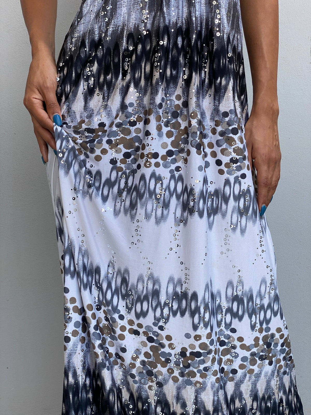 Vintage Y2K Evita Grey Black Sequin Halter Neck Maxi Dress - S Vintage Y2K Evita Grey Black Sequin Halter Neck Maxi Dress - S