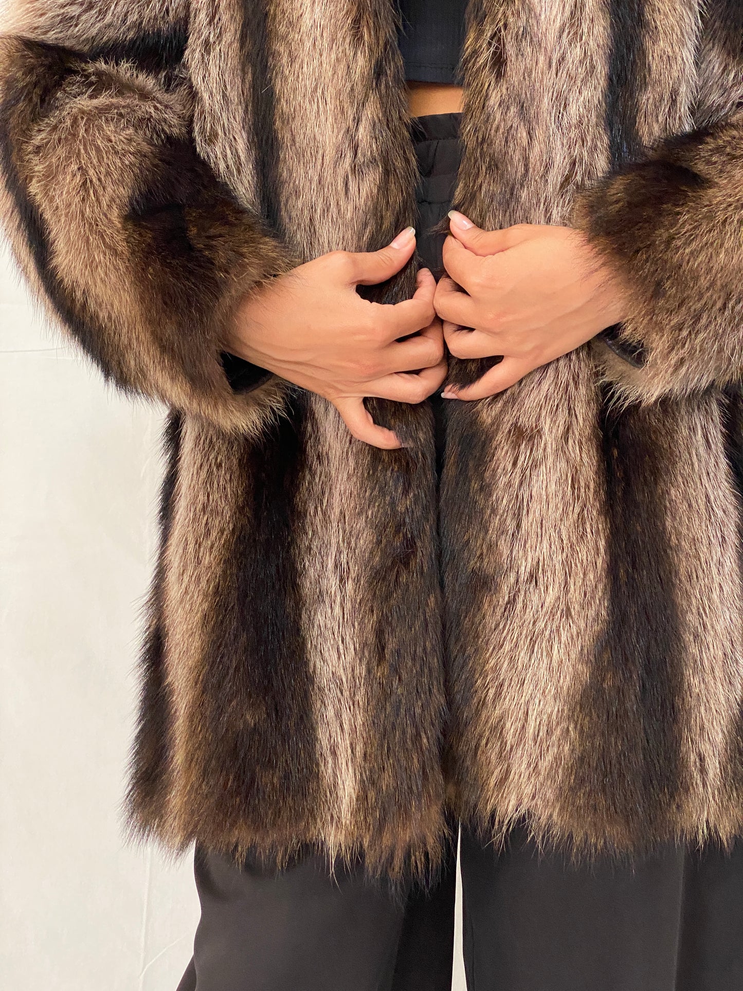 Vintage Real Fur Striped Brown & Black Coat Luxurious Genuine Raccoon Fur Winter Jacket - M