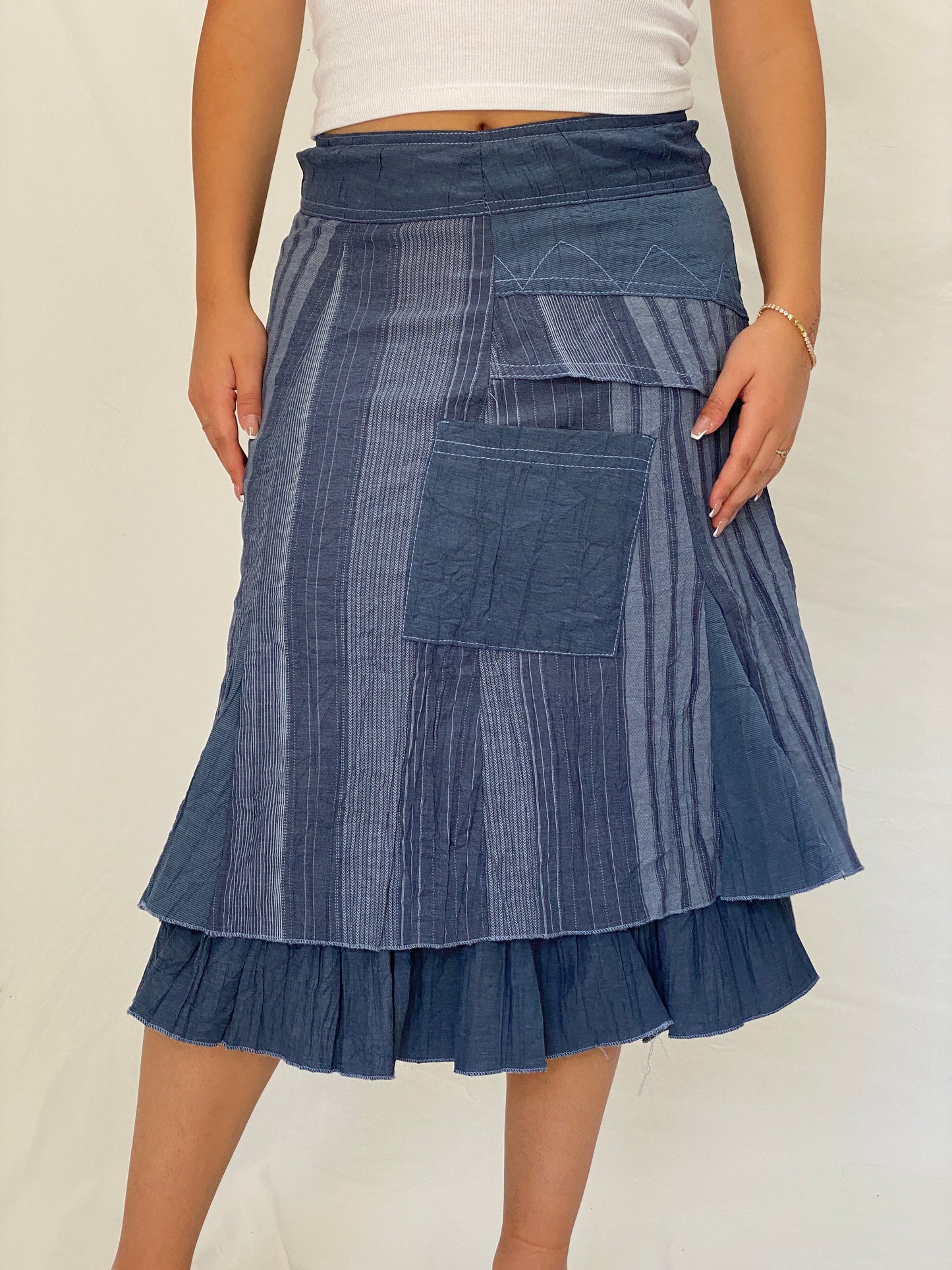 Y2K Affinités Armand Thiery Blue Patchwork Layered Whimsigoth Midi Skirt – L