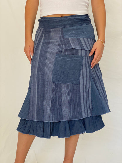 Y2K Affinités Armand Thiery Blue Patchwork Layered Whimsigoth Midi Skirt – L
