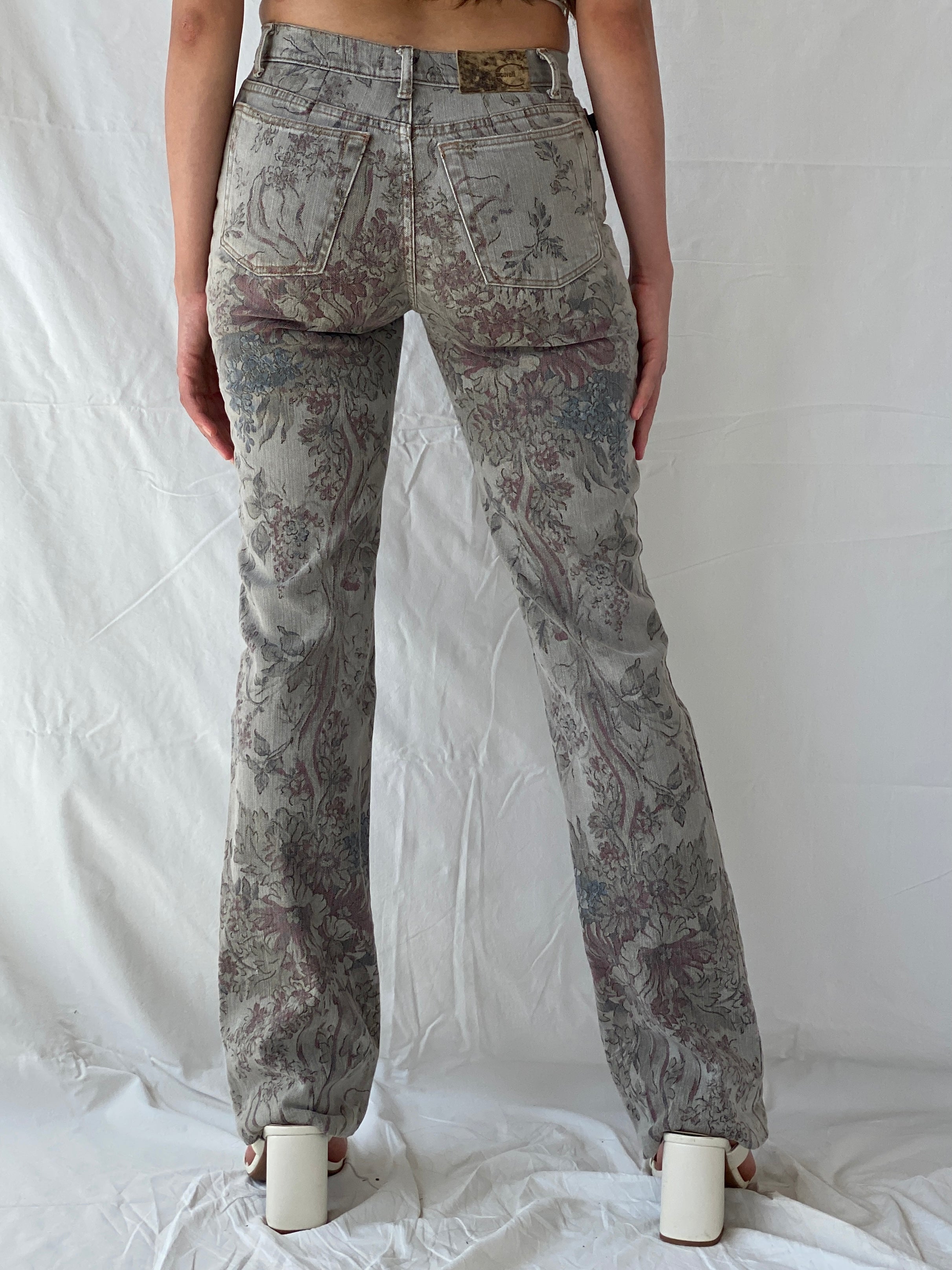 Just Cavalli Grey Floral Printed Denim Glitter Detail Bootcut Jeans