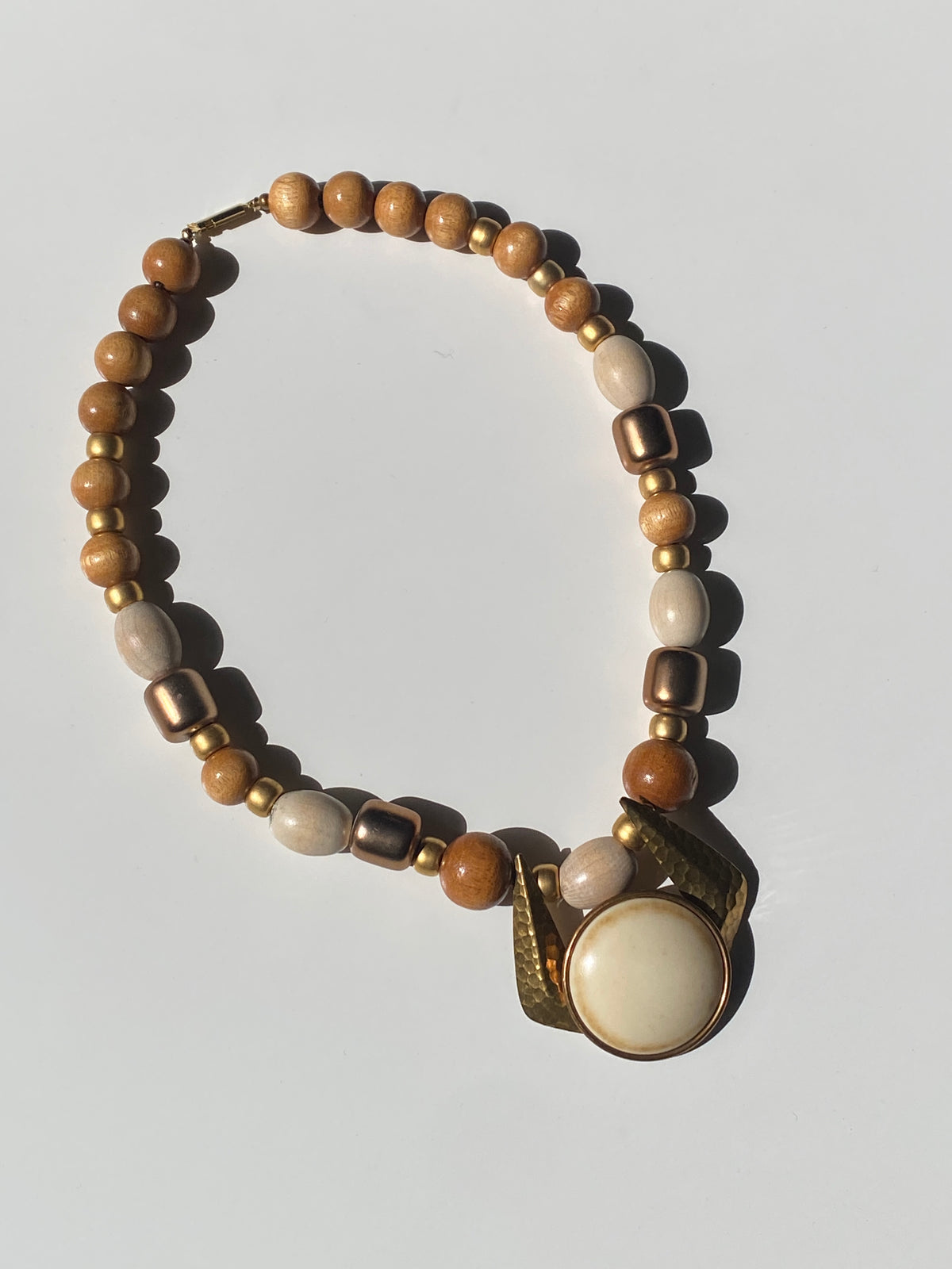 Vintage 90s Wood Bead Statement Necklace – Neutral Tones Gold Accents Pendant Necklace Vintage 90s Wood Bead Statement Necklace – Neutral Tones Gold Accents Pendant Necklace