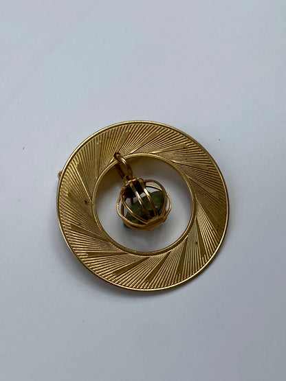 Vintage Gold Tone Geometric Brooch with Wire Wrapped Green Stone – Modernist Statement Pin
