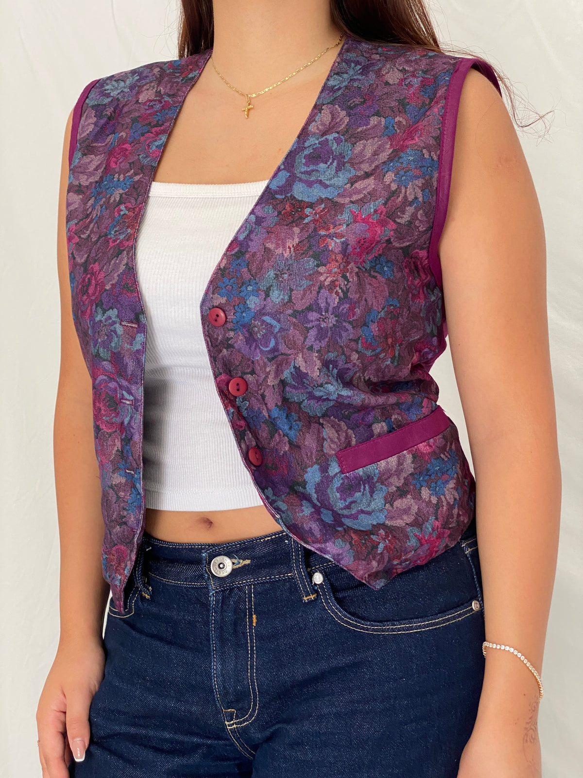 Vintage 90s Pierre Lamonte Purple Waistcoat Floral Button Vest – M Vintage 90s Pierre Lamonte Purple Waistcoat Floral Button Vest – M