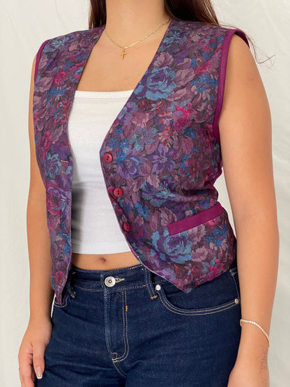 Vintage 90s Pierre Lamonte Purple Waistcoat Floral Button Vest – M