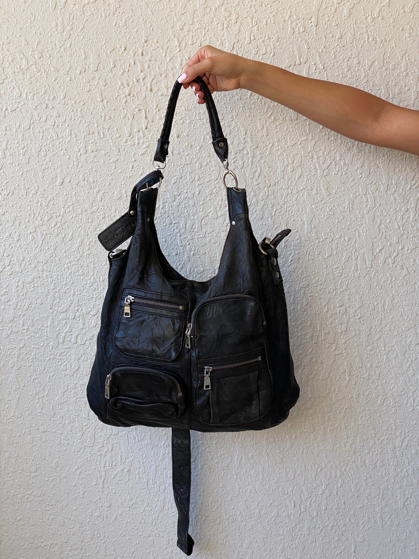 Liebeskind Berlin Distressed Black Leather Multi-Pocket Hobo Bag