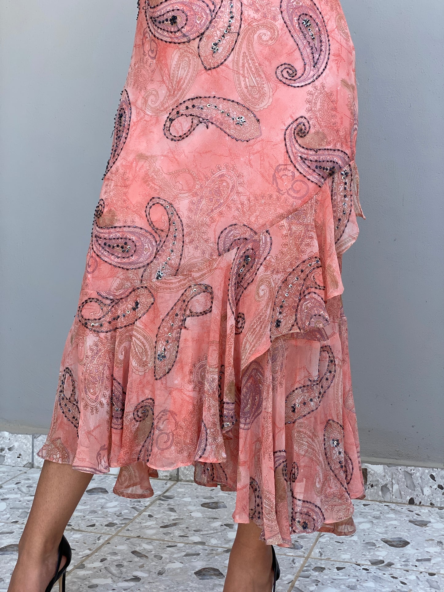 Vintage Solitaire by Ravi Khosla Pink Sheer Beaded Paisley Fairycore Maxi Dress – L
