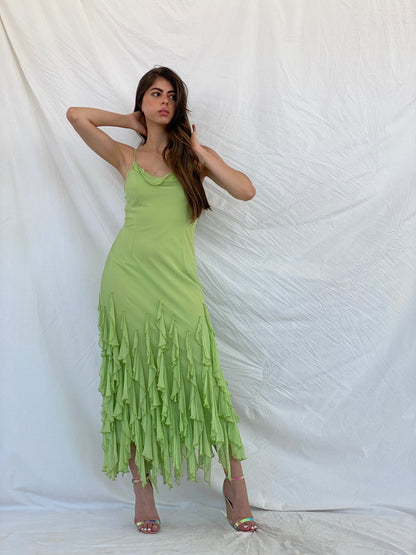 Beautiful Vintage Cici B Silk Lime Beaded Ruffle Bottom Lime Maxi Dress - M