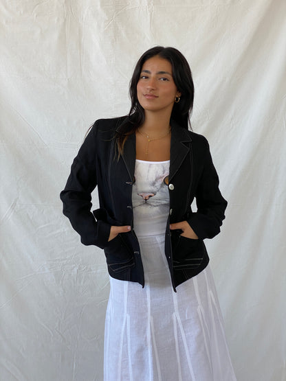 Vintage 90s Féminité Paris Black Linen Seashell Buttoned Blazer - M