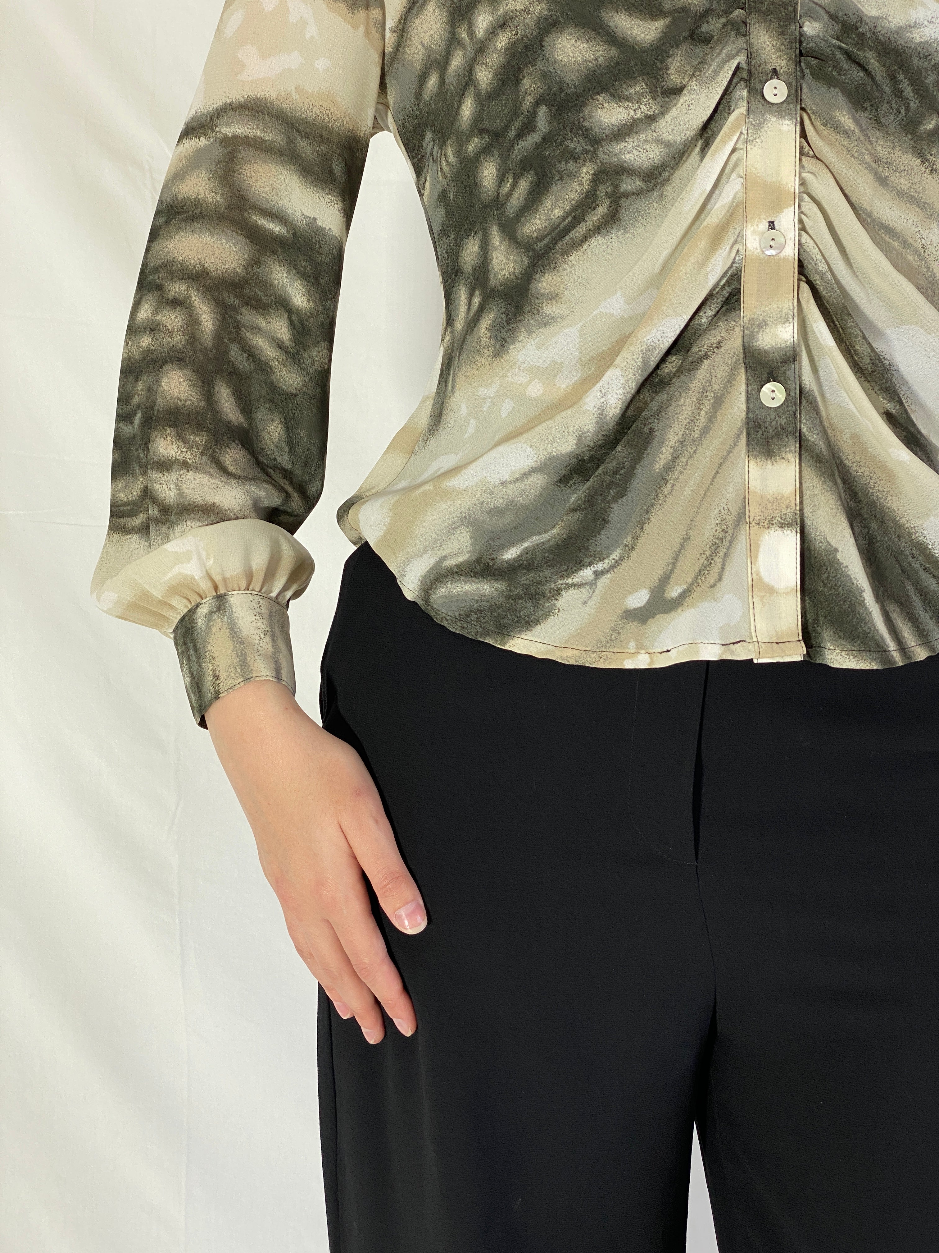 Dressbarn Abstract Tie Dye Print Button-Up Blouse Long Sleeve Shirt - S