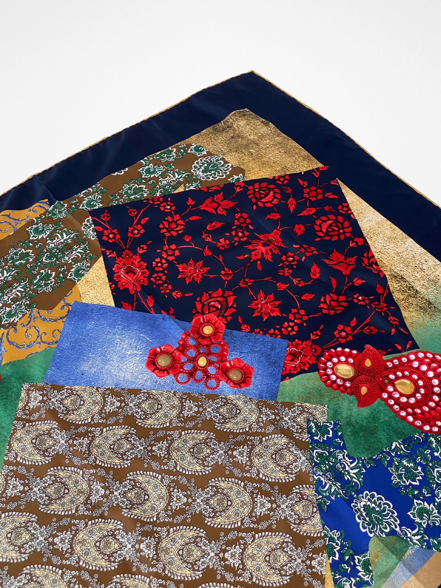 Vintage Tugee Patchwork Print Satin Navy Boho Square Scarf