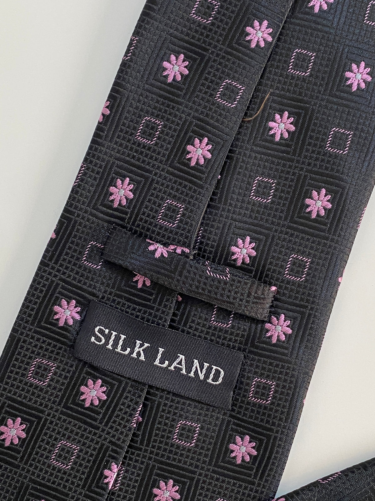 Vintage Silk Land Tie - Black with Pink Floral Geometric Pattern Vintage Silk Land Tie - Black with Pink Floral Geometric Pattern