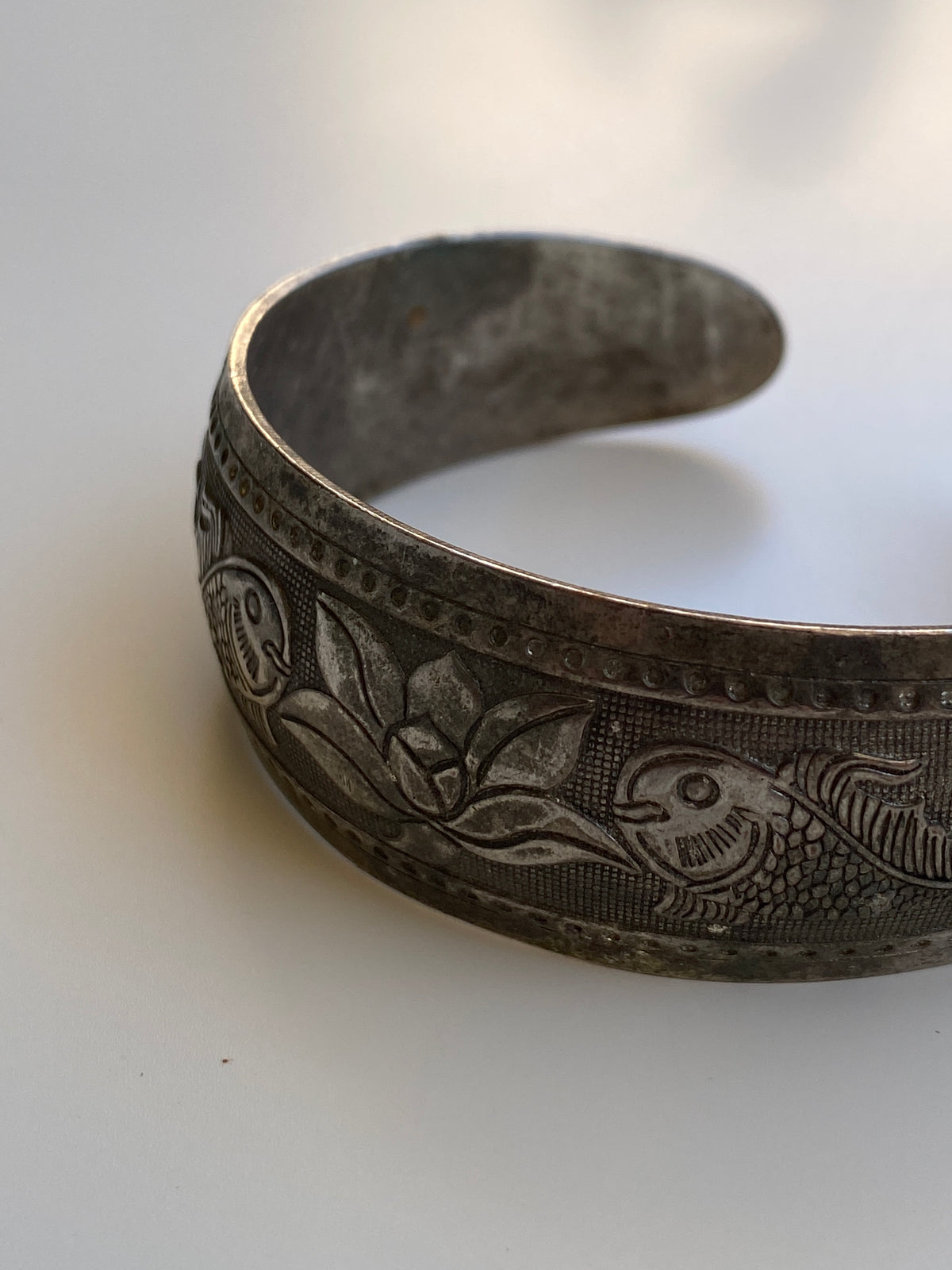 Vintage North African Style Silver-Tone Engraved Fish & Floral Wide Cuff Bracelet