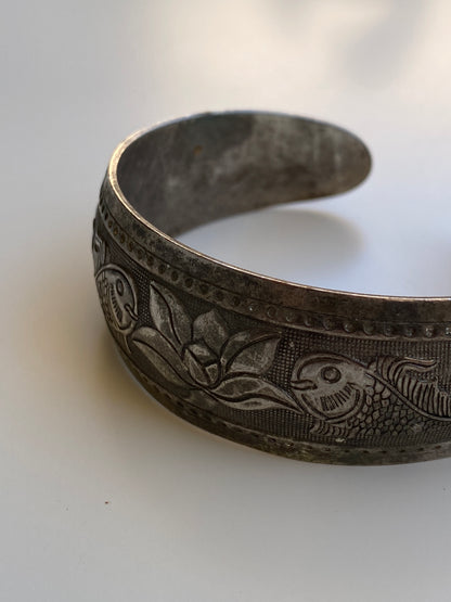 Vintage North African Style Silver-Tone Engraved Fish & Floral Wide Cuff Bracelet