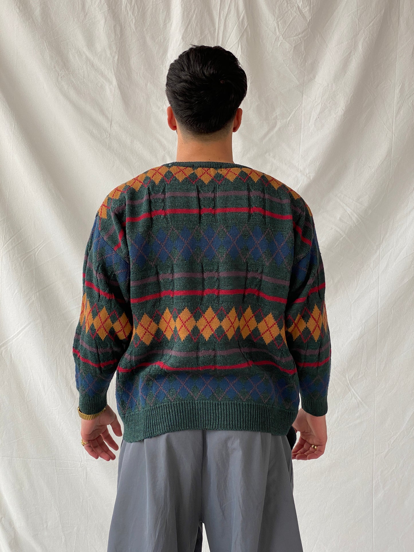 Vintage Peter Gribby Men’s Green Knitted Crew Neck Diamond Print Jumper Sweater - L