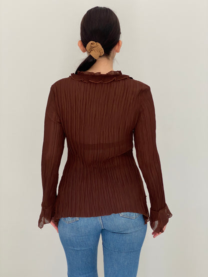 Vintage Whimsy Brown Sheer Pleated Embroidered Ruffle Top – L