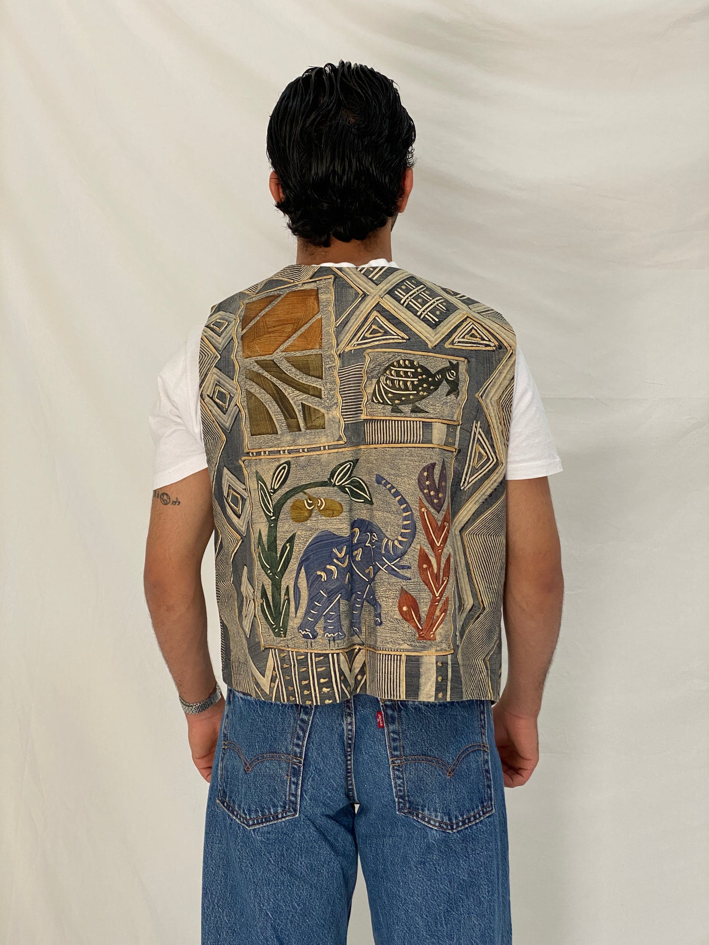 Vintage Africa Cloth Tribal Print Cotton Vest Beige Grey African Art Tapestry Vest - XL