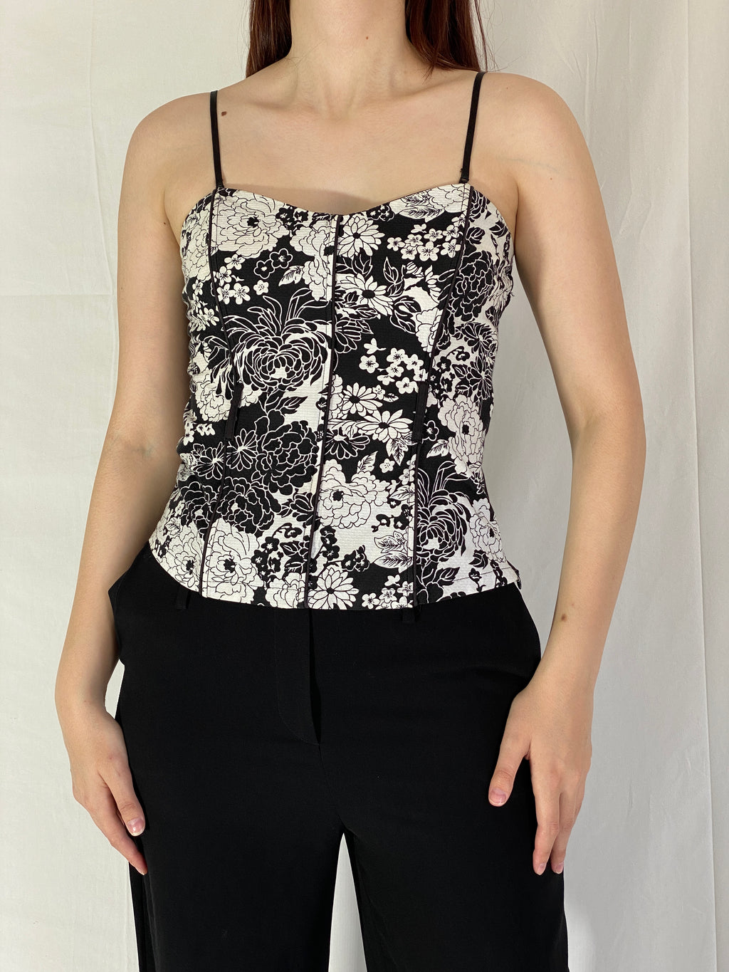 Vintage Y2K Xanaka Boned Corset Top Black & White Floral Bustier - S
