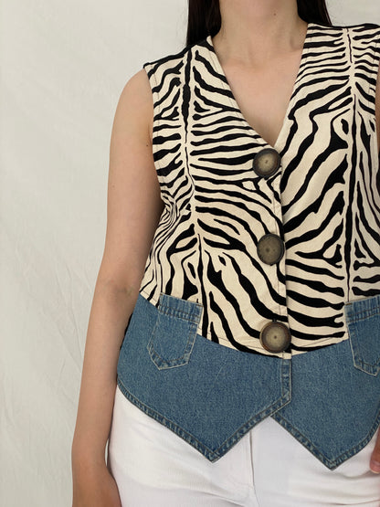 Vintage 90s Iced Tea by Neil & David Zebra Print Denim Patchwork Vest – M