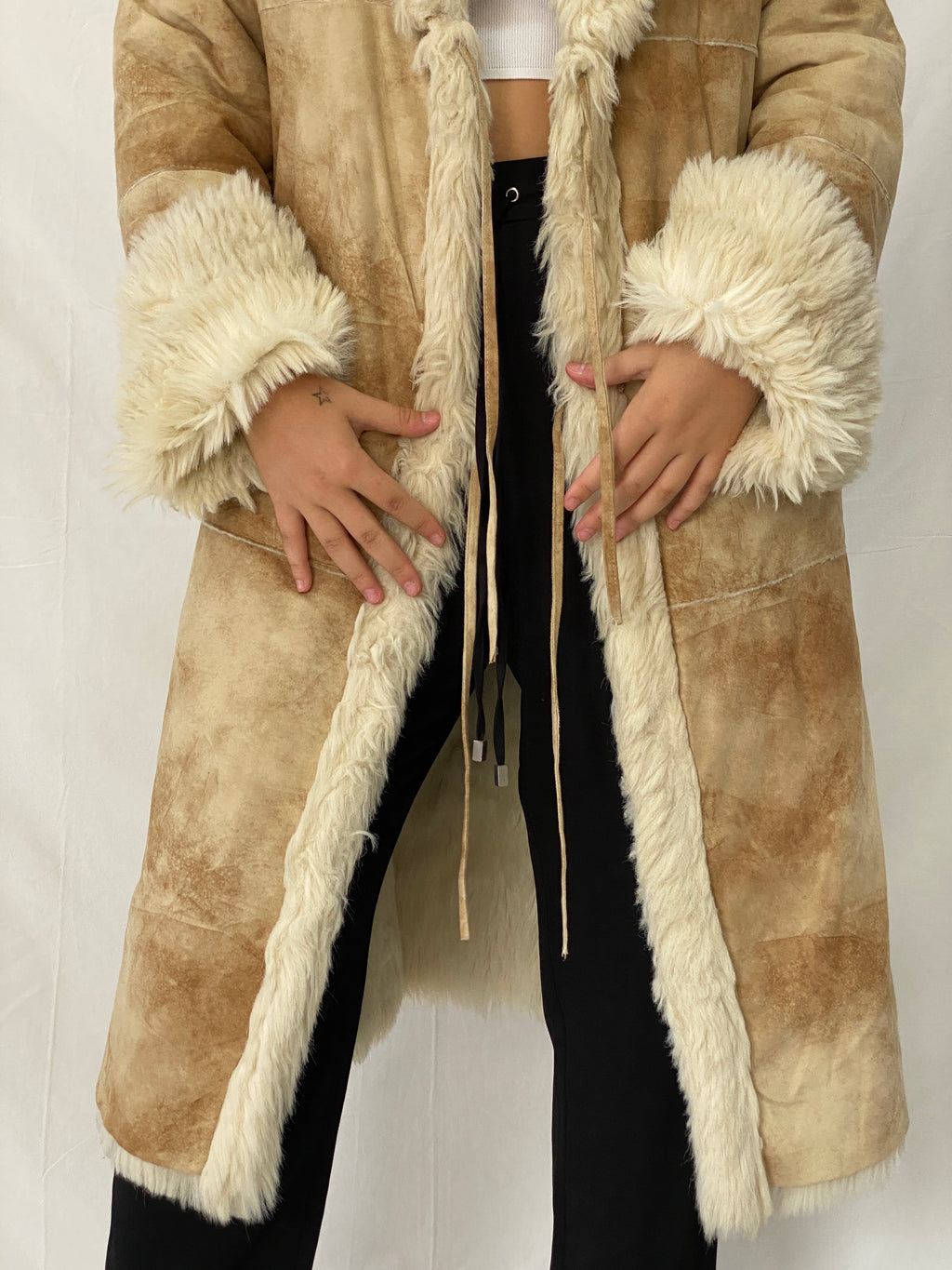 FREEHORN by Conbipel Faux Fur Lined Italian Genuine Leather Penny Lane Coat 70s Boho Jacket - XL