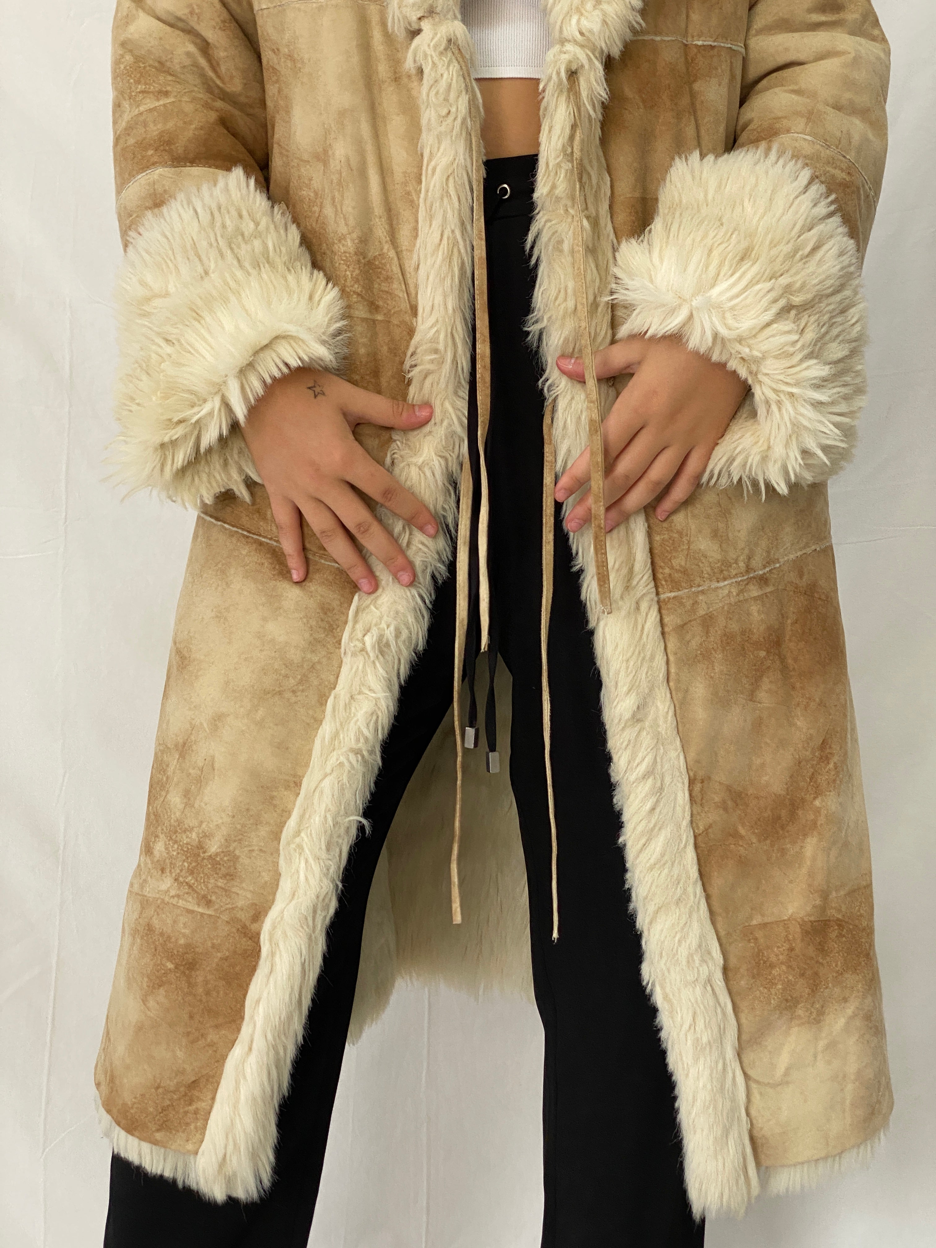 FREEHORN by Conbipel Faux Fur Lined Italian Genuine Leather Penny Lane Coat 70s Boho Jacket - XL