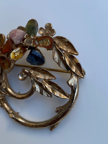 Vintage Capri Gold Floral Wreath Brooch with Multicolor Cabochons