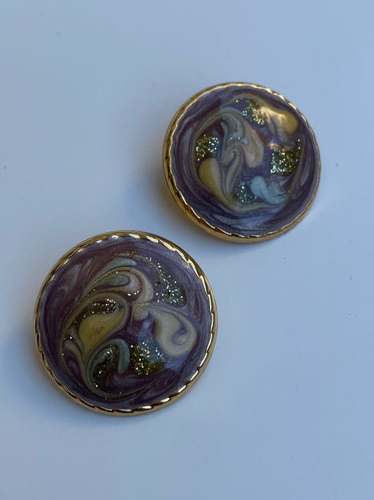 Vintage Abstract Marbled Enamel Gold Stud Lavender Swirl Earrings