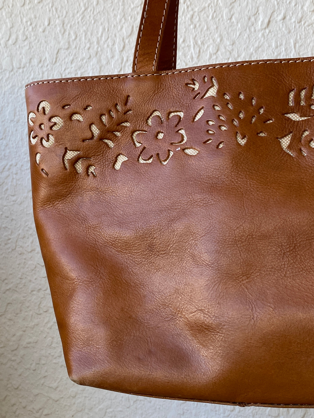 Genuine Leather Floral Perforated Design Shoulder Tote Bag