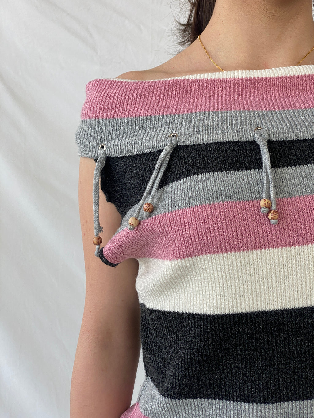 Y2K Pink Striped Asymmetric Off Shoulder Top - M