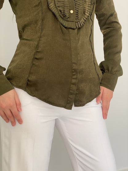 Goldie Estelle Olive Green Long Sleeve Shirt Ruffle Bow Blouse – M