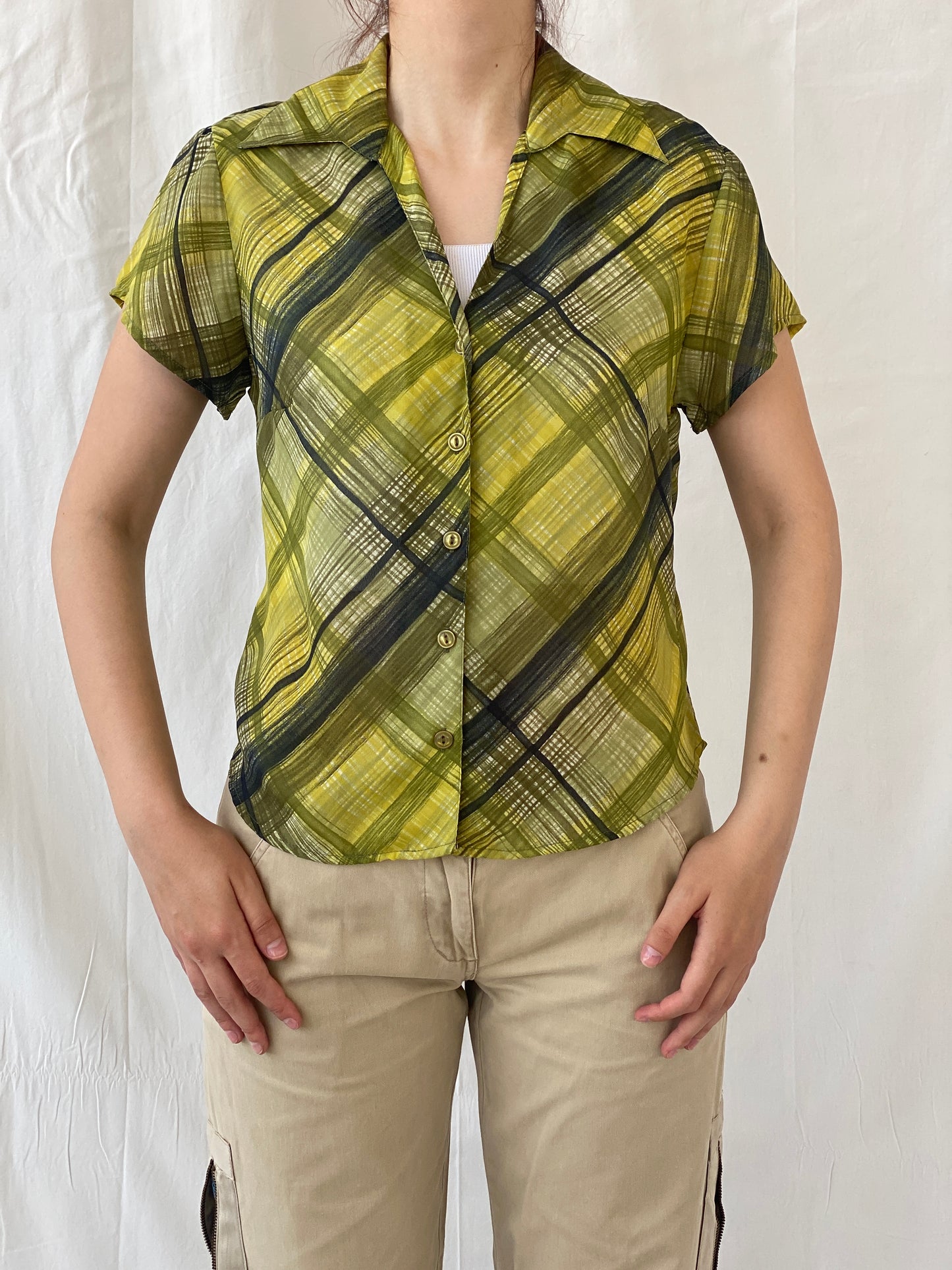 Vintage Blue Diamond Green Check Plaid Women’s Half Sleeve Shirt - M