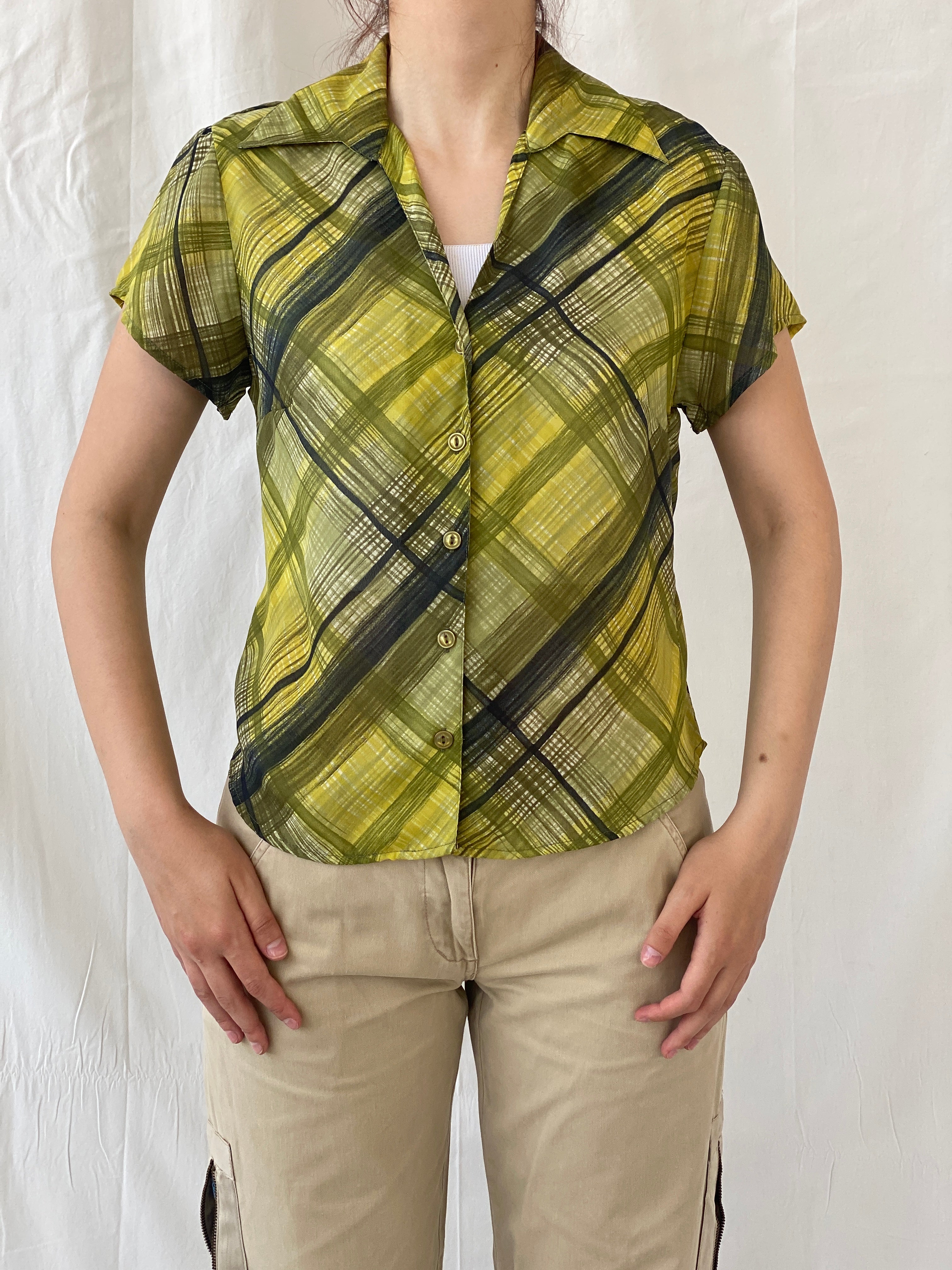 Vintage Blue Diamond Green Check Plaid Women’s Half Sleeve Shirt - M