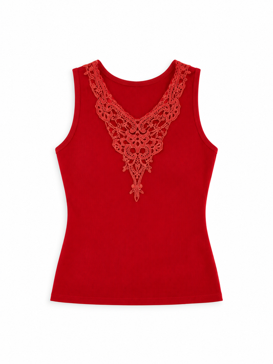 Y2K 2Xtremz Red Sleeveless Top with Orange Lace Embroidery – M