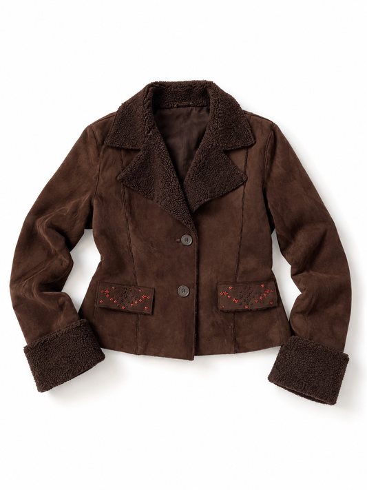 Y2K Together Brown Faux Suede Teddy Trim Jacket - L