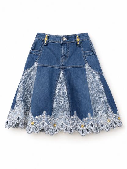 Y2K Rosa & Rose Blue Cotton Denim Lace Rhinestone Flared Skirt – S