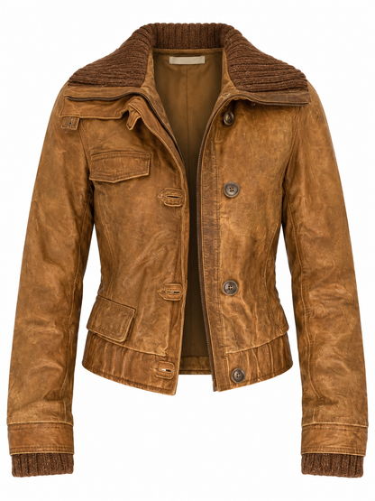 Y2K Jeim Basic Genuine Leather Tan Brown Distressed Cropped Jacket - S