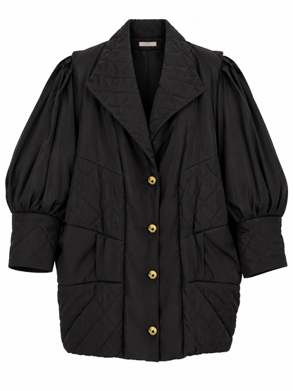 Vintage Black Quilted Puffer Oversized Fit Jacket with Gold Buttons - L