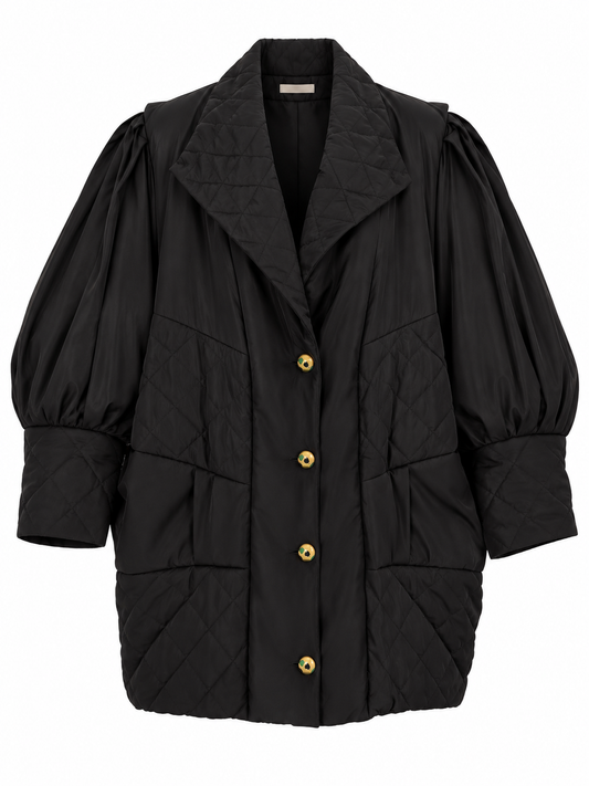 Vintage Black Quilted Puffer Oversized Fit Jacket with Gold Buttons - L