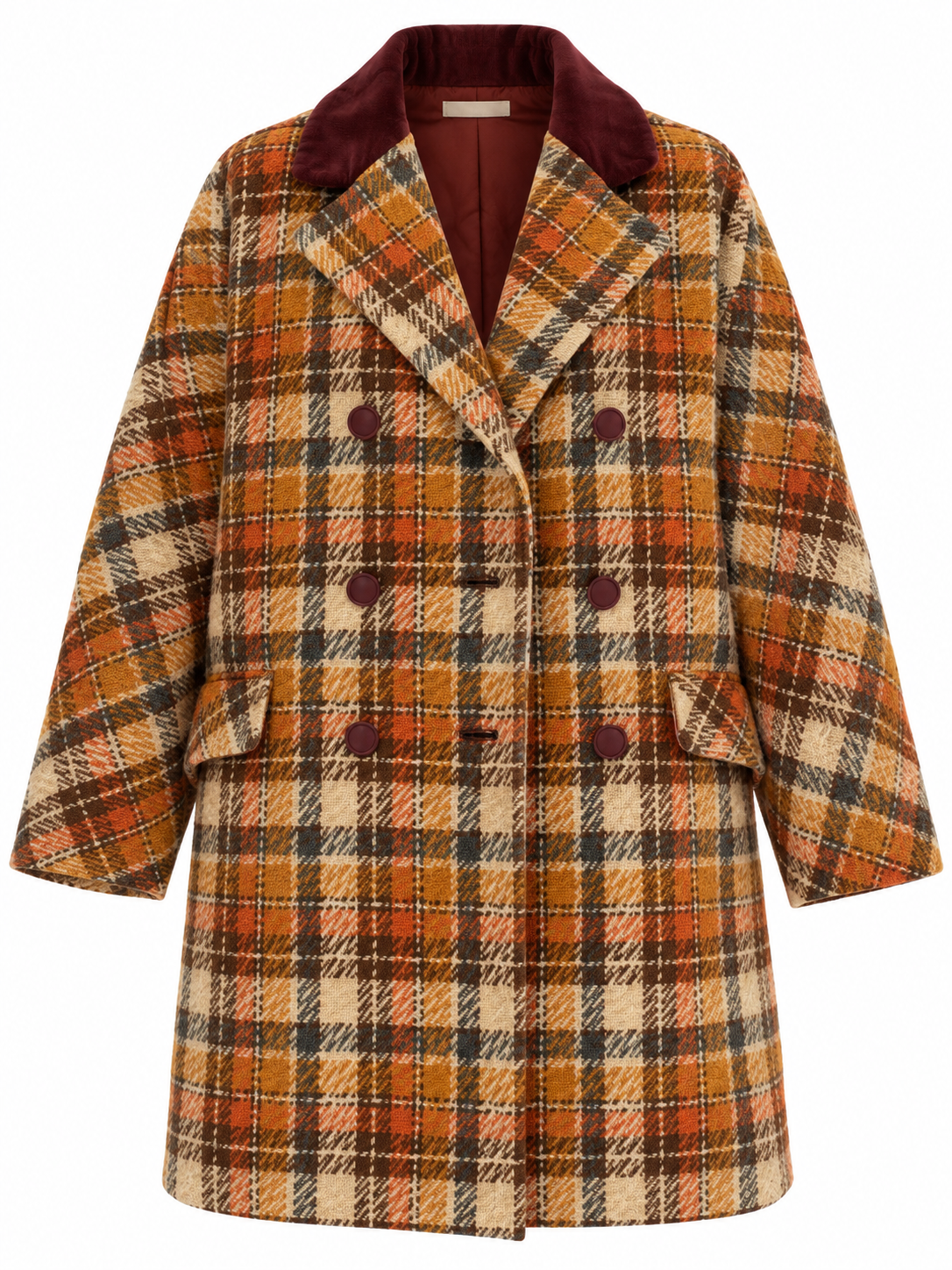 Vintage Brown & Rust Plaid Oversized Double-Breasted Wool Blend Coat with Velvet Collar - XL