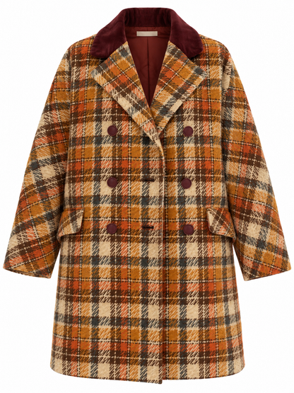 Vintage Brown & Rust Plaid Oversized Double-Breasted Wool Blend Coat with Velvet Collar - XL