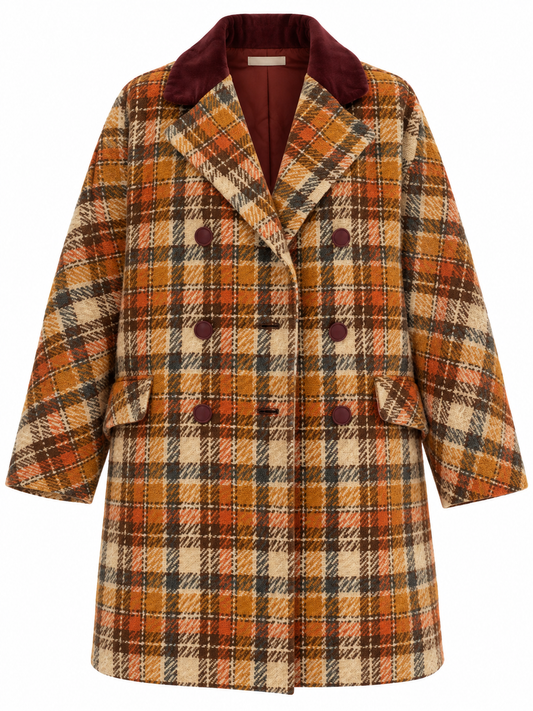 Vintage Brown & Rust Plaid Oversized Double-Breasted Wool Blend Coat with Velvet Collar - XL