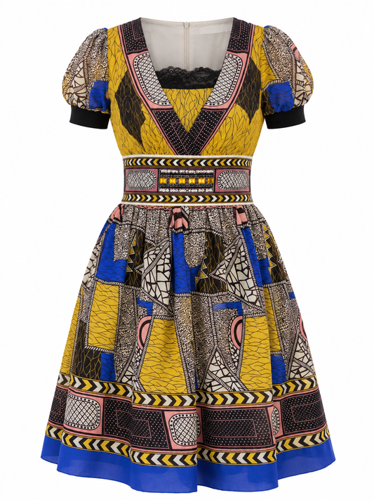 Y2K Whimsical Vini Kawen Mustard Geometric Embellished Dress – M