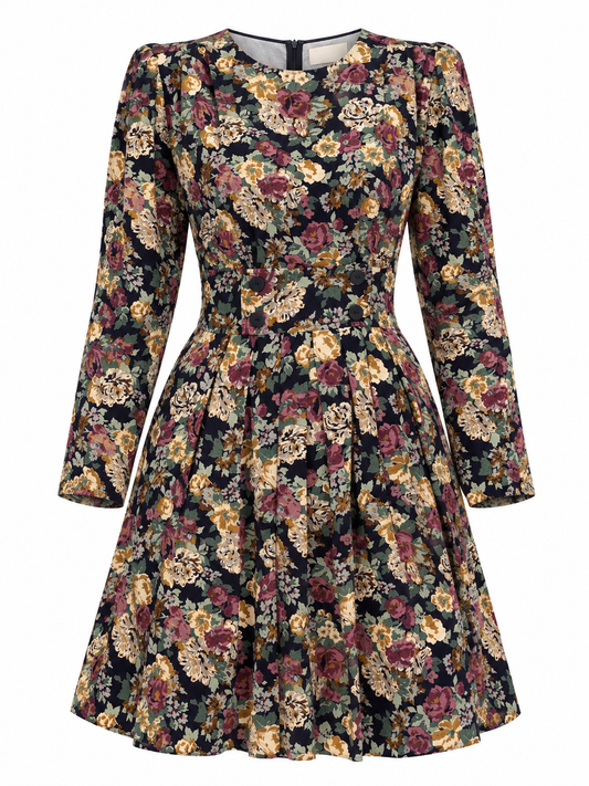 Vintage Petite Sophisticate Floral Dress Long Sleeve Fit & Flare Mini Dress, 90s Romantic Floral Dress - S