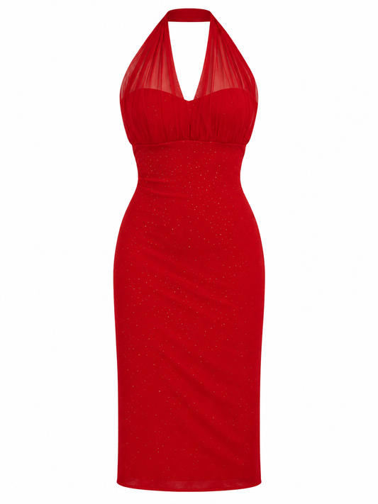 Vintage Y2K Betsy & Adam Red Rhinestone Halter Midi Dress - M