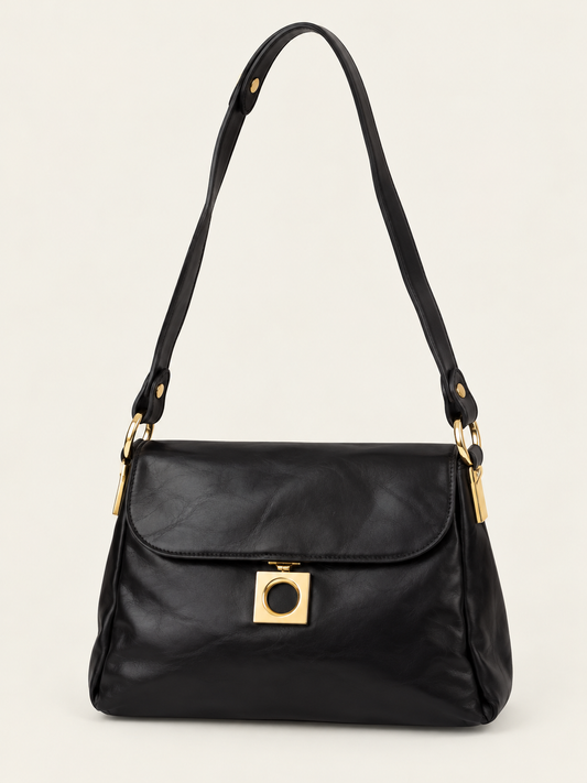Vintage 90s Black Genuine Leather Gold Hardware Structured Shoulder Bag