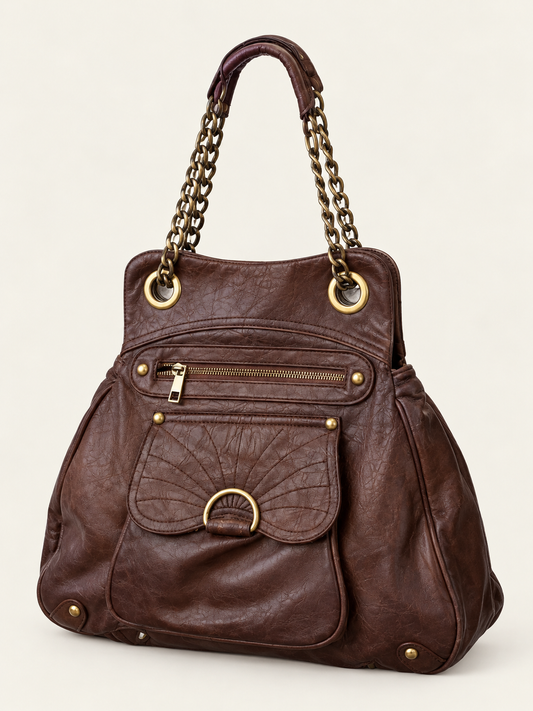 Vintage Y2K A|wear Brown Chain Handle Multi-Pocket Shoulder Bag