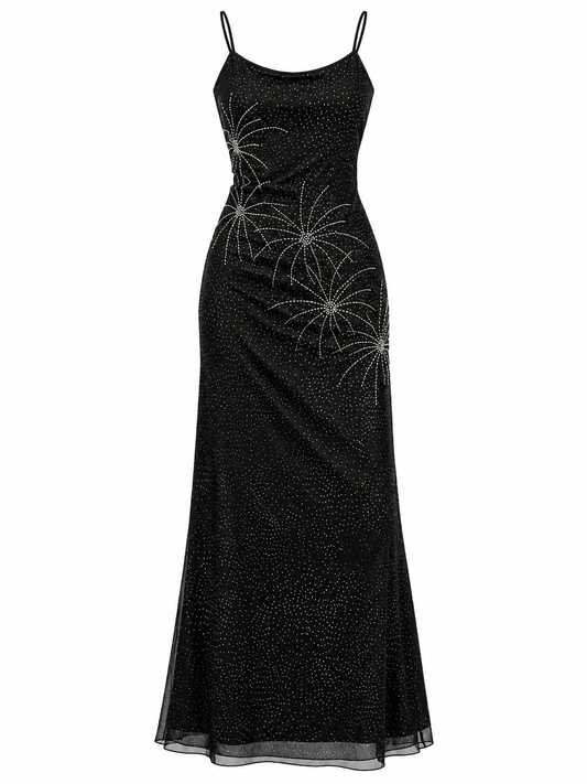 Vintage 90s Brilliante by J.A. Black Beaded Floral Mesh Maxi Slip Dress - S