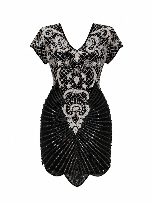 Vintage 80s Laurence Kazar Black & White Silk Beaded Sequin Cocktail Dress - M
